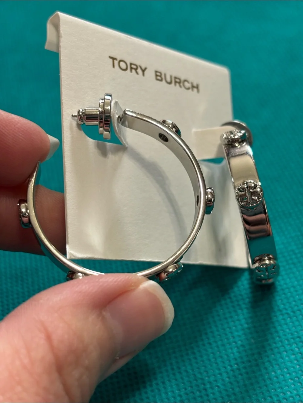 Tory Burch Silver Logo Large Hoop Earrings